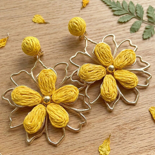 Yellow Floral Raffia Design Dangler Earring - Beauth