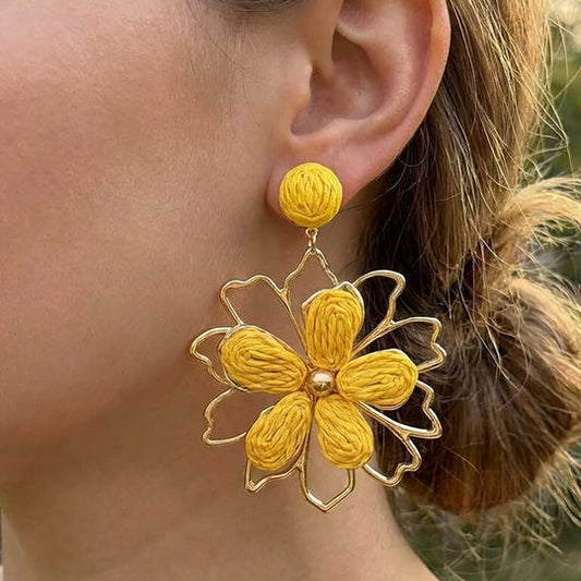 Yellow Floral Raffia Design Dangler Earring - Beauth