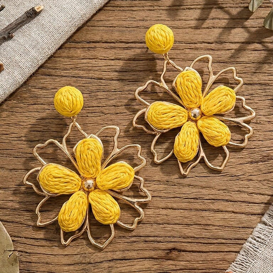 Yellow Floral Raffia Design Dangler Earring - Beauth
