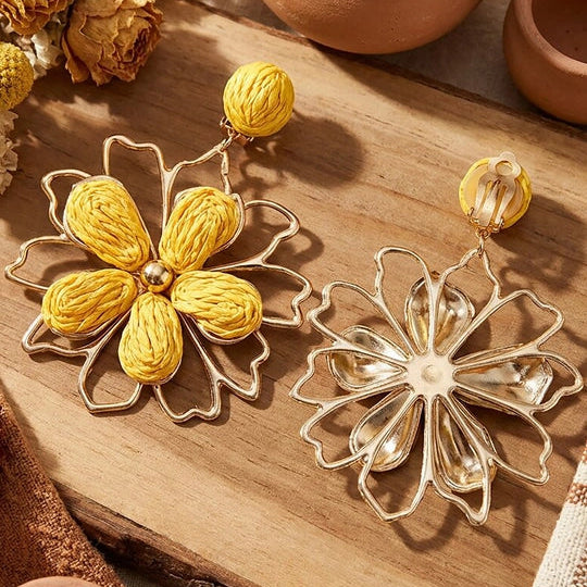 Yellow Floral Raffia Design Dangler Earring - Beauth
