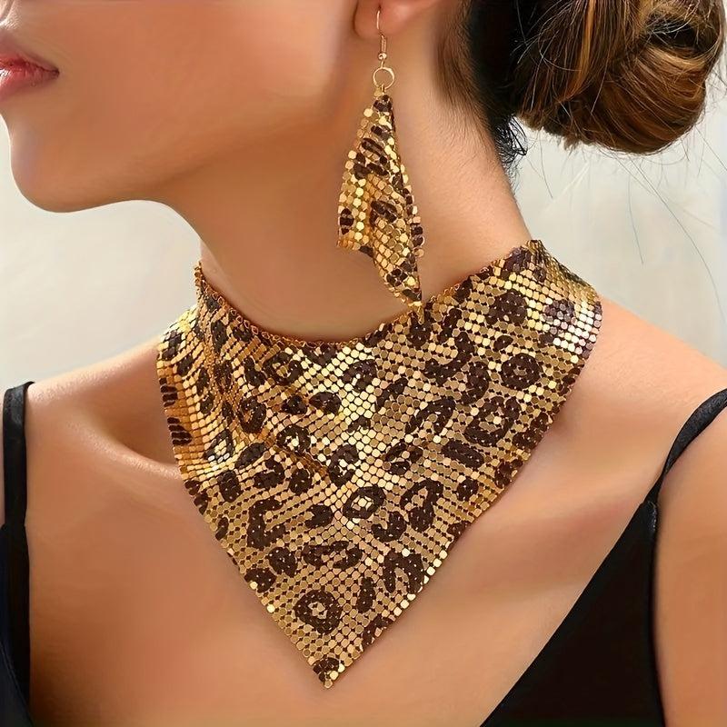 Leopard Print Triangle Scarf Set with Necklace Earrings - Beauth