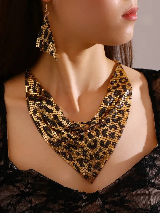 Leopard Print Triangle Scarf Set with Necklace Earrings - Beauth