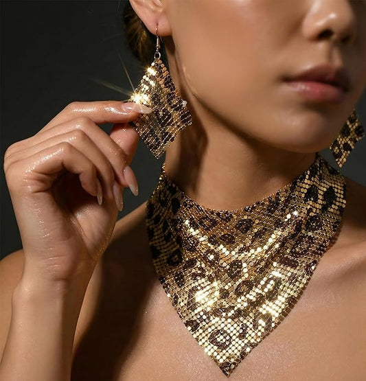 Leopard Print Triangle Scarf Set with Necklace Earrings - Beauth