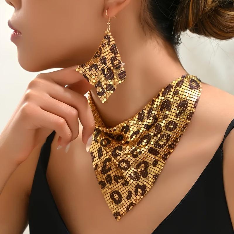 Leopard Print Triangle Scarf Set with Necklace Earrings - Beauth
