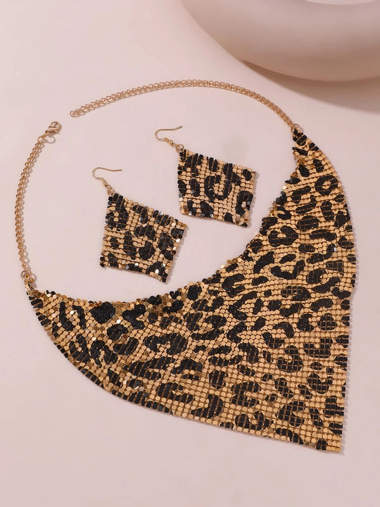 Leopard Print Triangle Scarf Set with Necklace Earrings - Beauth