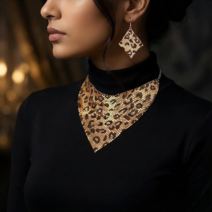 Leopard Print Triangle Scarf Set with Necklace Earrings - Beauth