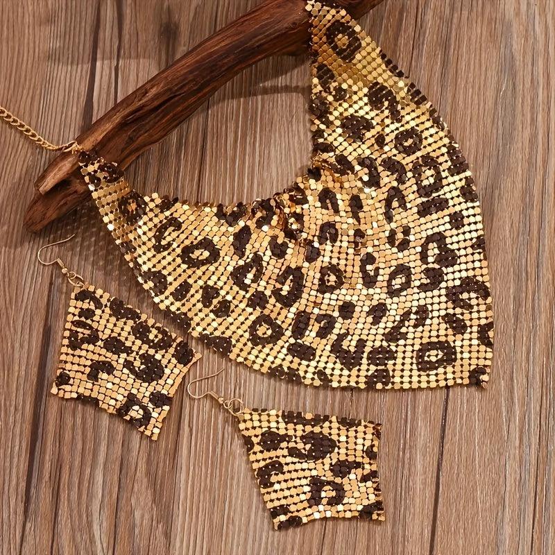 Leopard Print Triangle Scarf Set with Necklace Earrings - Beauth