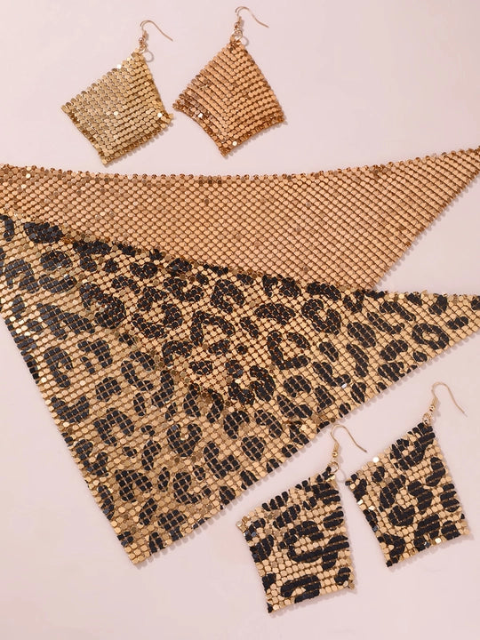 Leopard Print Triangle Scarf Set with Necklace Earrings - Beauth