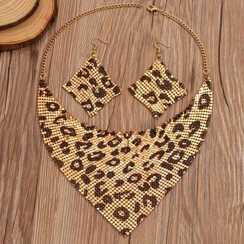 Leopard Print Triangle Scarf Set with Necklace Earrings - Beauth