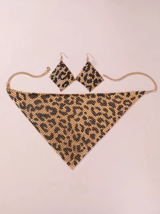 Leopard Print Triangle Scarf Set with Necklace Earrings - Beauth