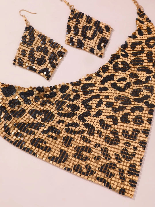 Leopard Print Triangle Scarf Set with Necklace Earrings - Beauth